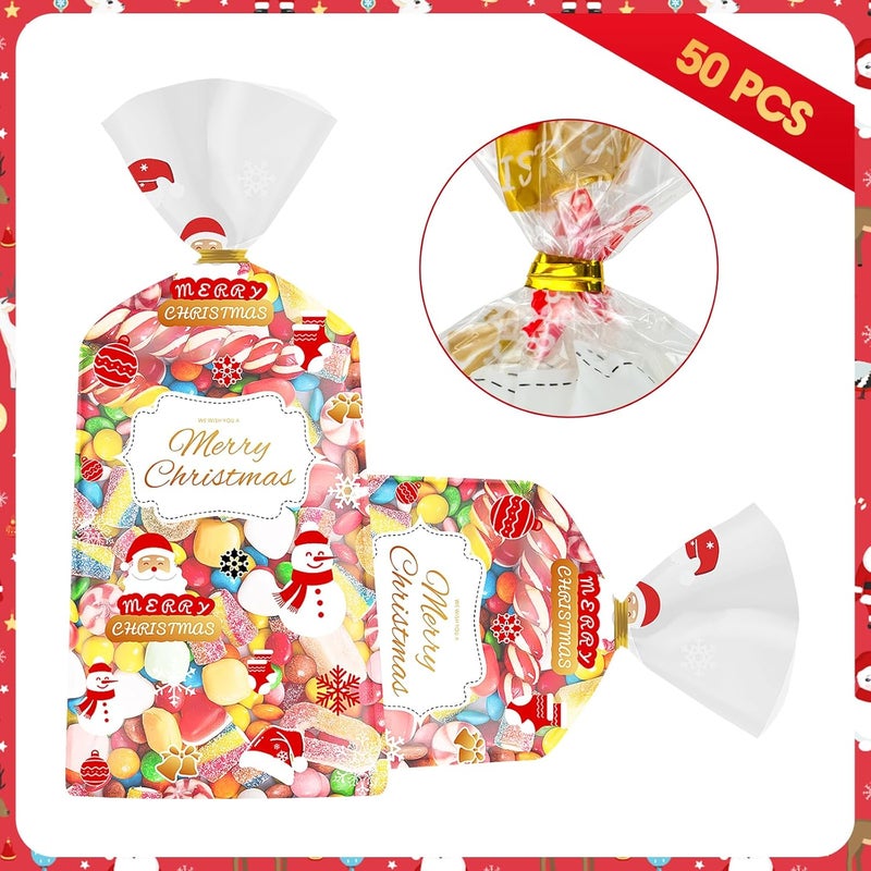 Litmitfu 50 Pcs Christmas Treat Bags - Merry Christmas Gift Bags Bulk, Plastic Santa Claus Snowman Christma Cellophane Cello Candy Cookie Goodie Bag with Twist Ties for Winter Xmas Christmass Party Favors - Image 3